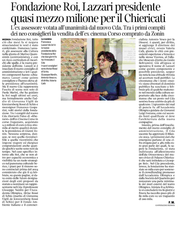 01-05-24 CORRIERE DEL VENETO - Fondazione Roi, Lazzari presidente quasi mezzo milione per il Chiericati