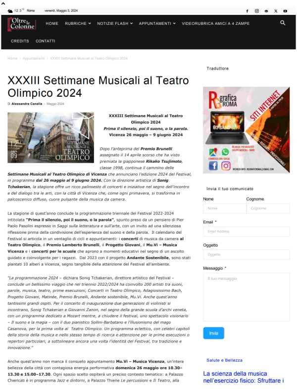 03-05-24 OLTRELECOLONNE.IT - XXXIII Settimane Musicali al Teatro Olimpico 2024