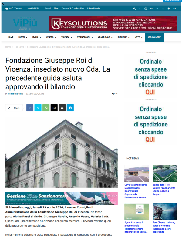 29-04-24 VICENZAPIU.COM - Fondazione Giuseppe Roi di Vicenza, insediato nuovo Cda. La precedente guida saluta approvando il bilancio